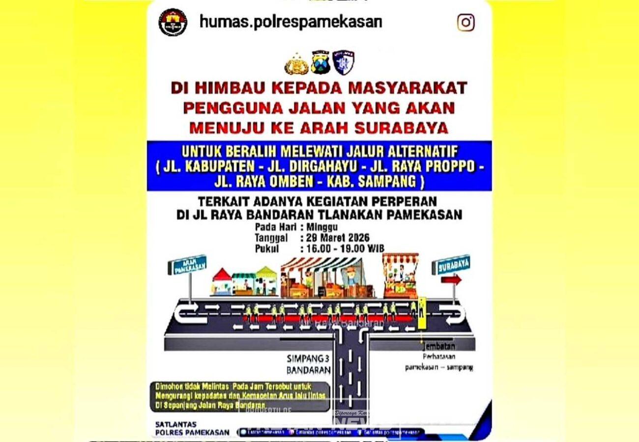 Skema pengalihan arus lalu lintas di Jalan Bandaran Pamekasan saat kegiatan perperan, pengendara dialihkan ke jalur alternatif menuju Surabaya