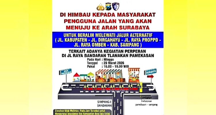 Skema pengalihan arus lalu lintas di Jalan Bandaran Pamekasan saat kegiatan perperan, pengendara dialihkan ke jalur alternatif menuju Surabaya