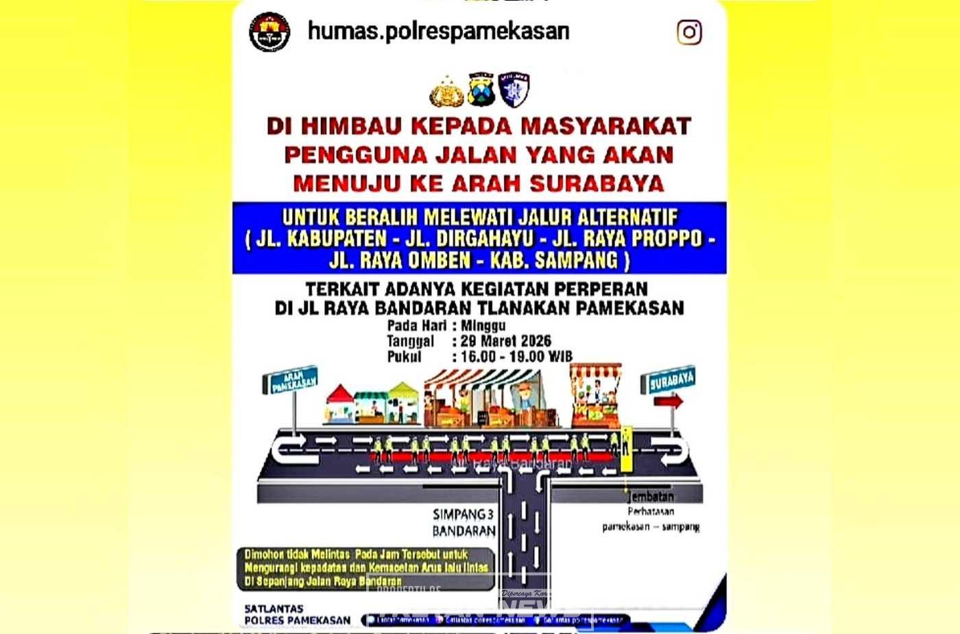 Skema pengalihan arus lalu lintas di Jalan Bandaran Pamekasan saat kegiatan perperan, pengendara dialihkan ke jalur alternatif menuju Surabaya