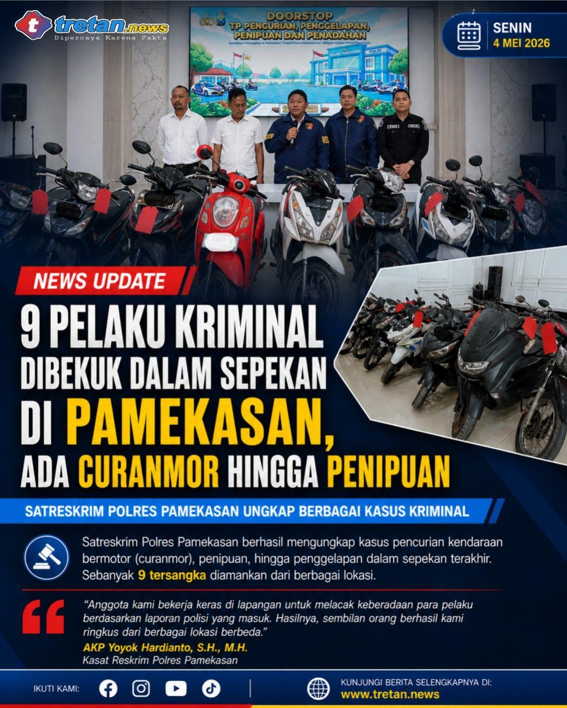 Petugas Satreskrim Polres Pamekasan bersama barang bukti sepeda motor hasil pengungkapan kasus curanmor, penipuan, dan penggelapan dalam sepekan