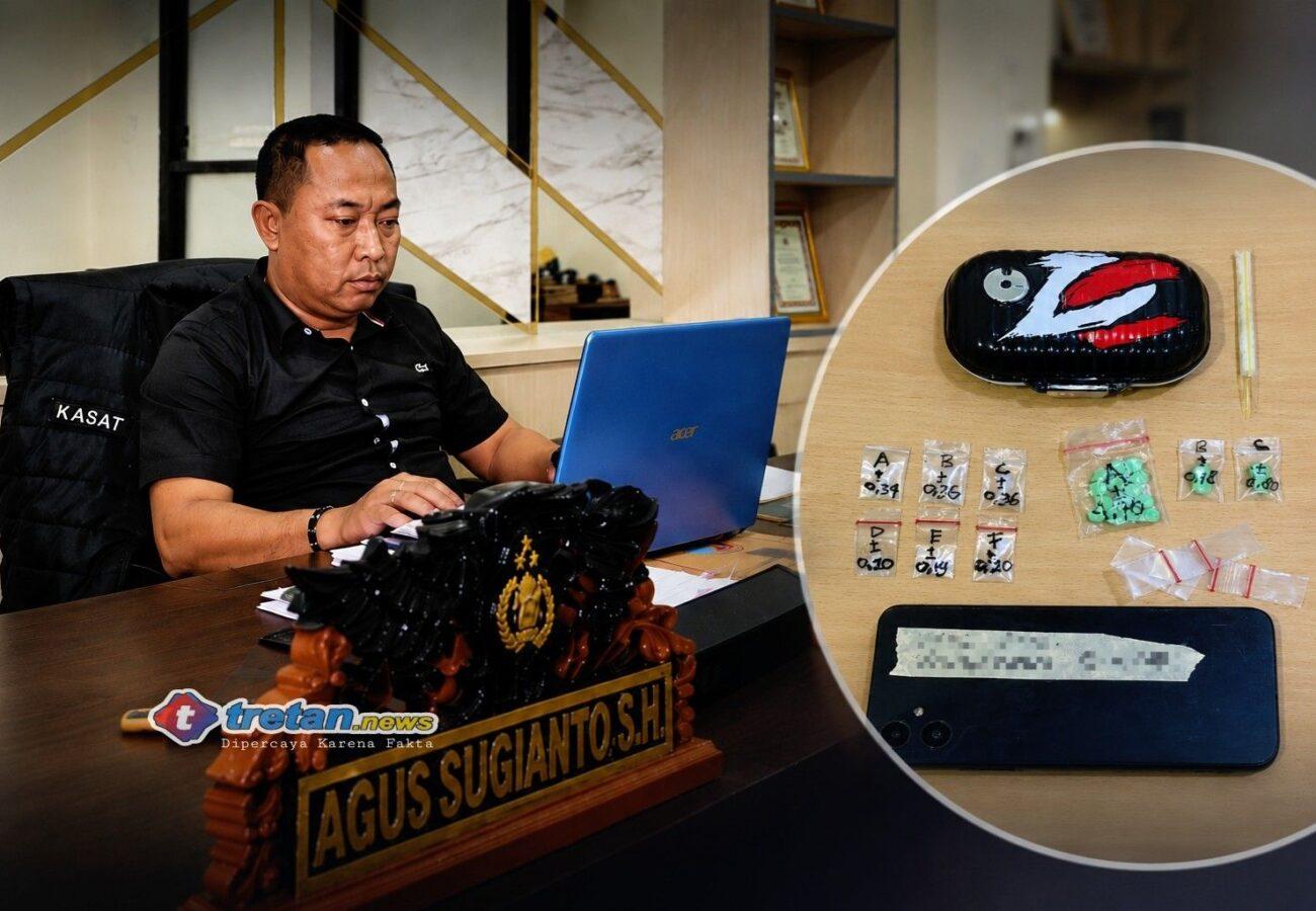 Kasat Narkoba Polres Pamekasan dengan inset barang bukti sabu dan pil ekstasi hasil pengungkapan kasus narkoba di Proppo