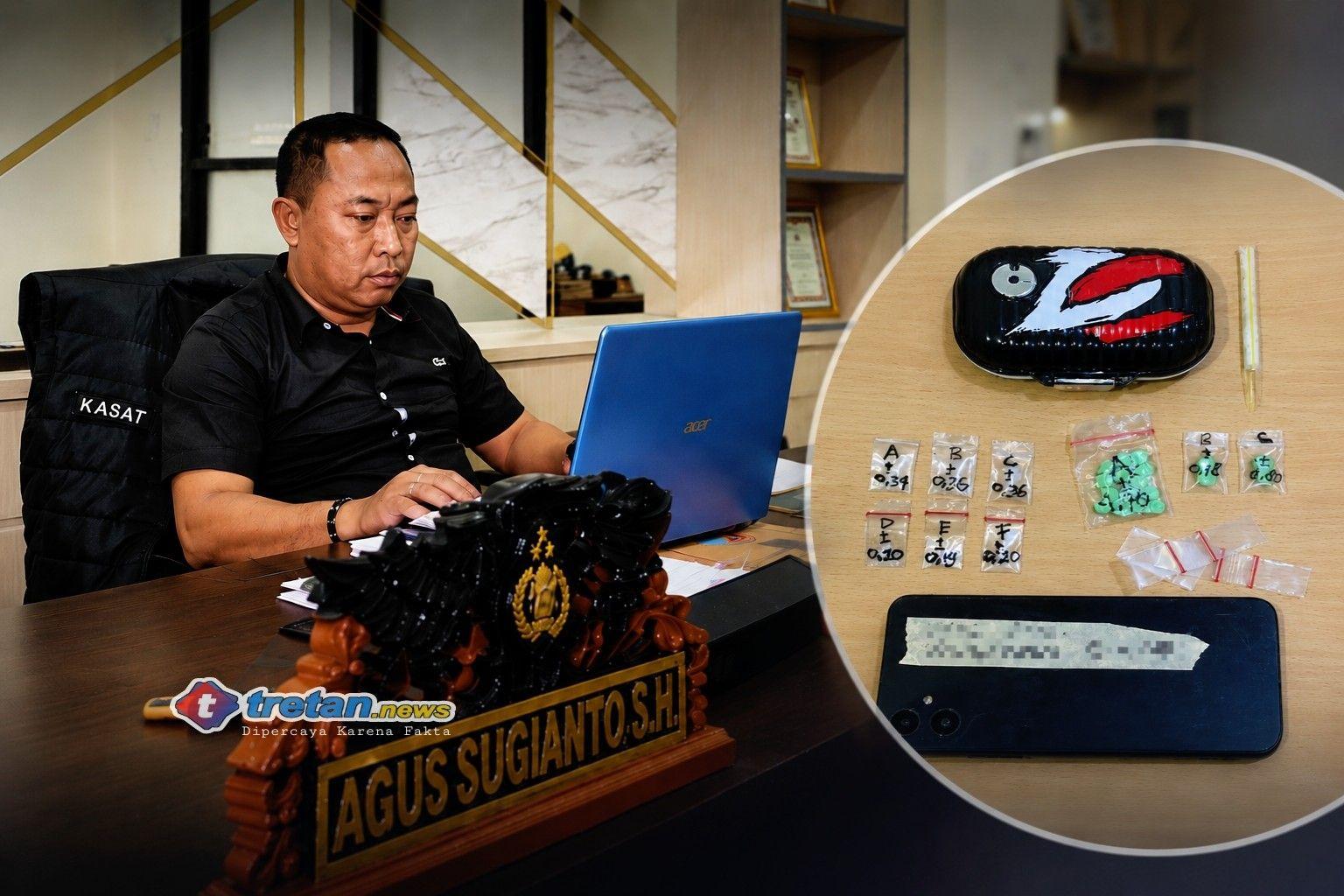 Kasat Narkoba Polres Pamekasan dengan inset barang bukti sabu dan pil ekstasi hasil pengungkapan kasus narkoba di Proppo