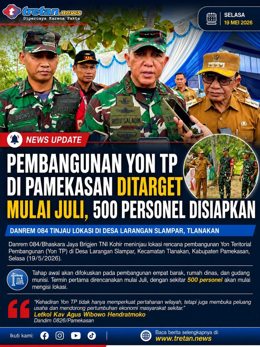 Danrem 084 Bhaskara Jaya Brigjen TNI Kohir meninjau lokasi pembangunan Yon TP di Pamekasan bersama Forkopimda.