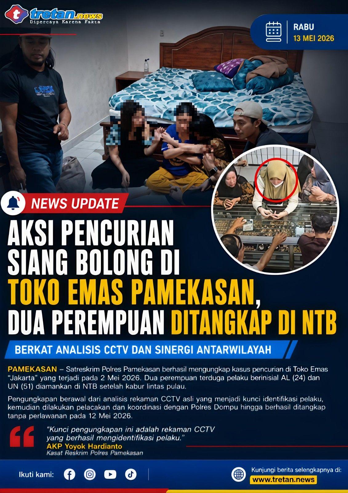 Dua perempuan terduga pelaku pencurian toko emas di Pamekasan diamankan petugas Satreskrim Polres Pamekasan di wilayah NTB.