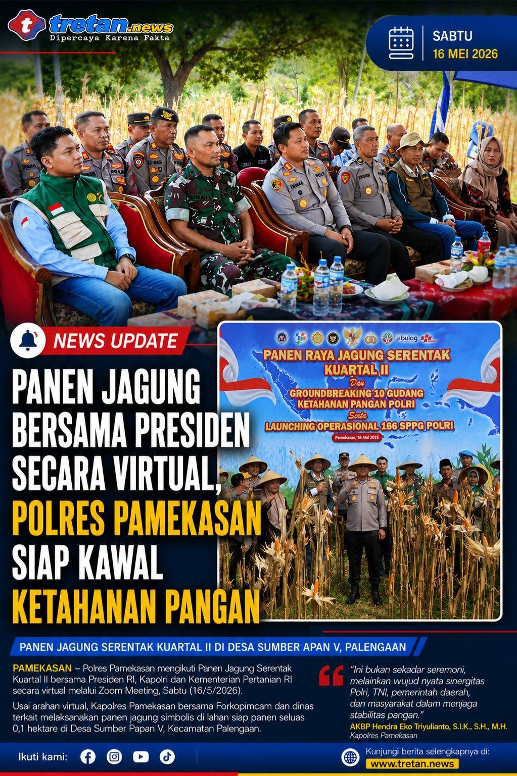 Kapolres Pamekasan bersama Forkopimcam mengikuti panen jagung serentak bersama Presiden RI secara virtual di Desa Sumber Papan V, Kecamatan Palengaan, Pamekasan, Sabtu 16 Mei 2026.