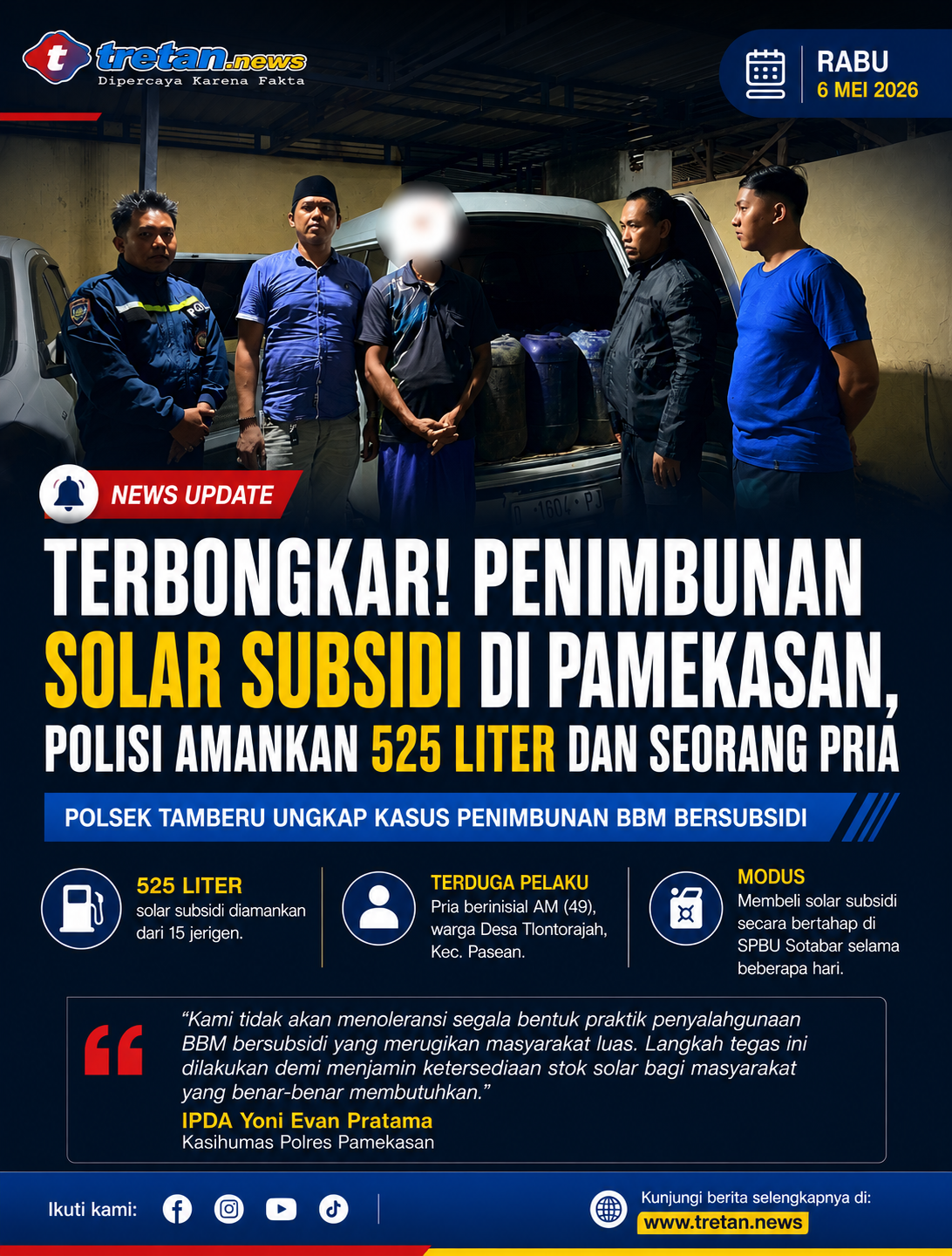 Petugas kepolisian mengamankan terduga pelaku penimbunan solar subsidi di Pamekasan dengan barang bukti jerigen berisi sekitar 525 liter BBM di sebuah kendaraan