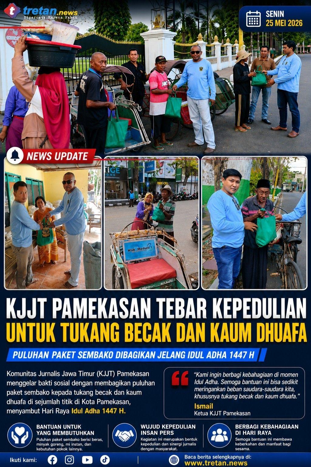 KJJT Pamekasan membagikan sembako kepada tukang becak dan kaum dhuafa menjelang Idul Adha 1447 Hijriah di Pamekasan.