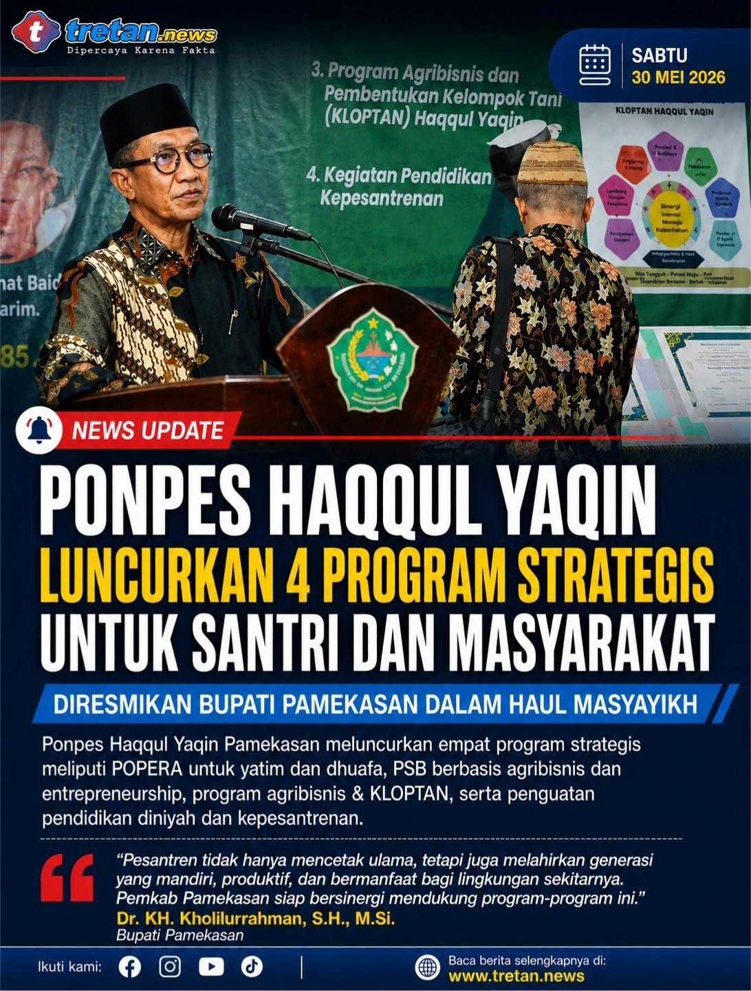 Pengasuh Ponpes Haqqul Yaqin KH Hafifi bersama Bupati Pamekasan dalam peresmian program POPERA, agribisnis, dan kelompok tani santri.
