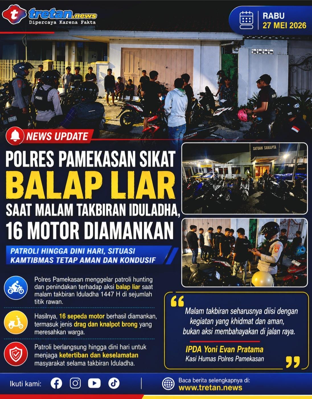 Polres Pamekasan melakukan patroli dan penindakan balap liar saat malam takbiran Iduladha 1447 H di wilayah Kota Pamekasan. Sebanyak 16 sepeda motor berhasil diamankan petugas.