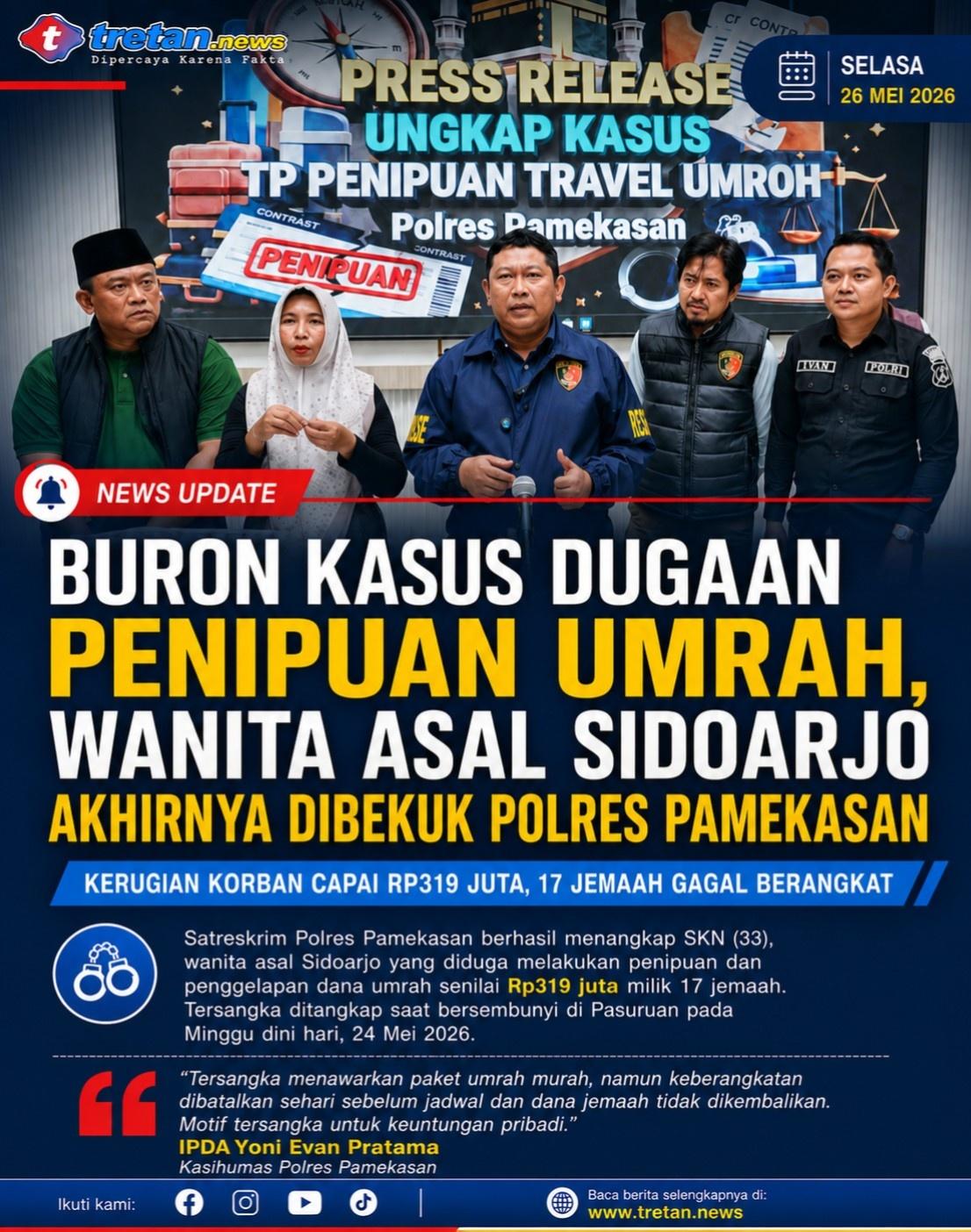 Press release Satreskrim Polres Pamekasan terkait pengungkapan kasus dugaan penipuan travel umrah dengan kerugian Rp319 juta.