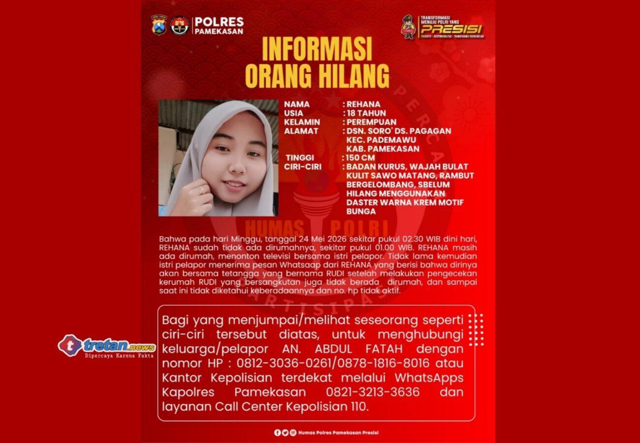 Poster informasi orang hilang Rehana 18 tahun asal Pademawu Pamekasan yang disebarkan Polres Pamekasan