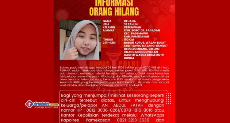 Poster informasi orang hilang Rehana 18 tahun asal Pademawu Pamekasan yang disebarkan Polres Pamekasan