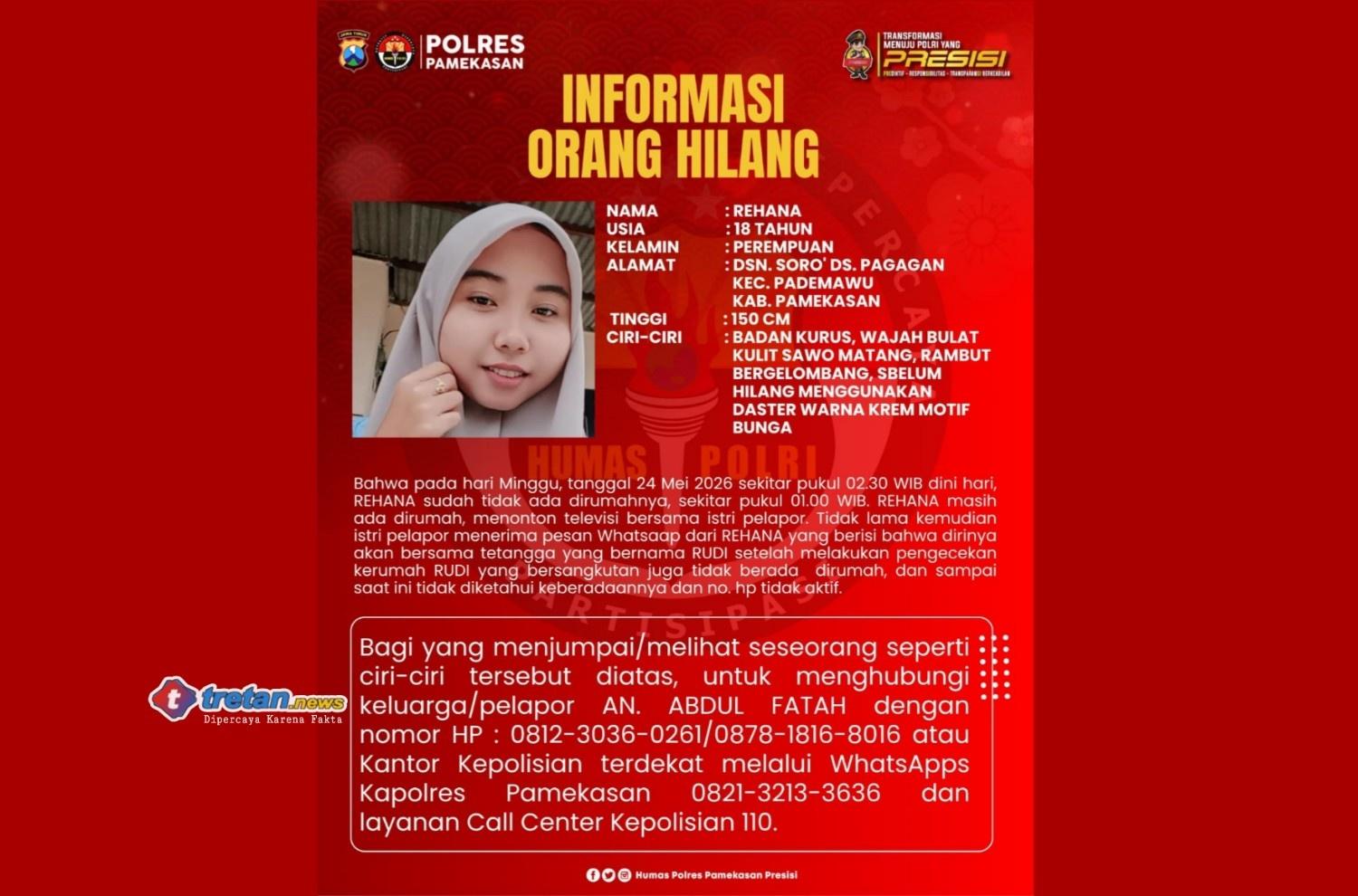 Poster informasi orang hilang Rehana 18 tahun asal Pademawu Pamekasan yang disebarkan Polres Pamekasan