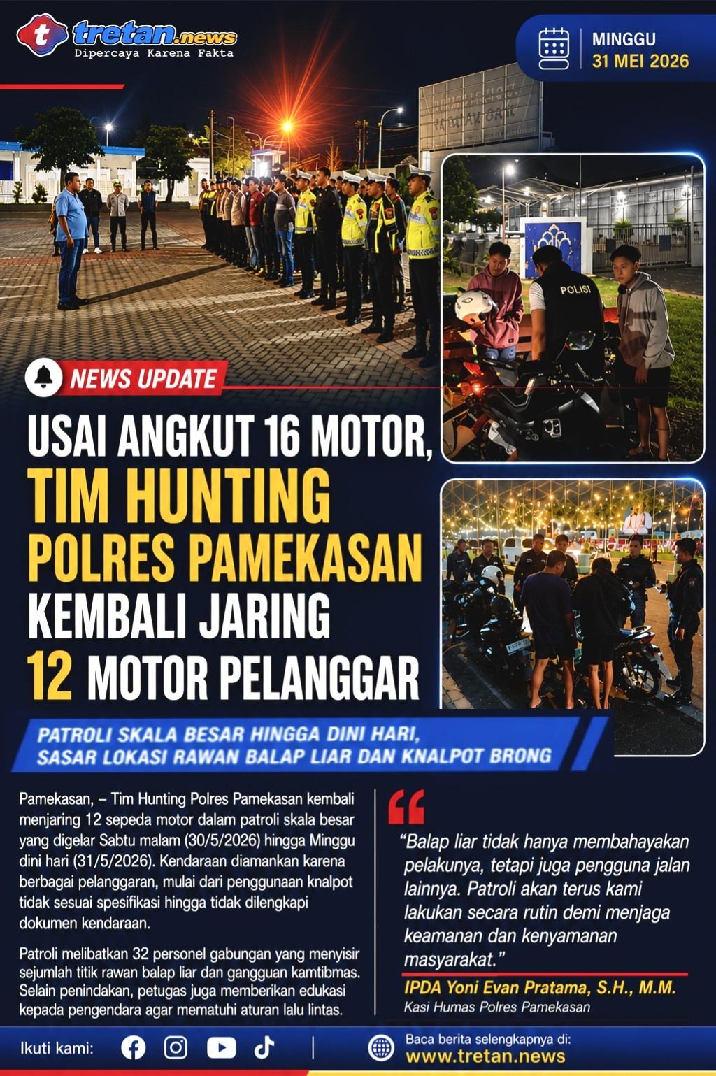 Personel Tim Hunting Polres Pamekasan mengikuti apel konsolidasi patroli malam untuk menekan balap liar dan pelanggaran lalu lintas di Kabupaten Pamekasan.