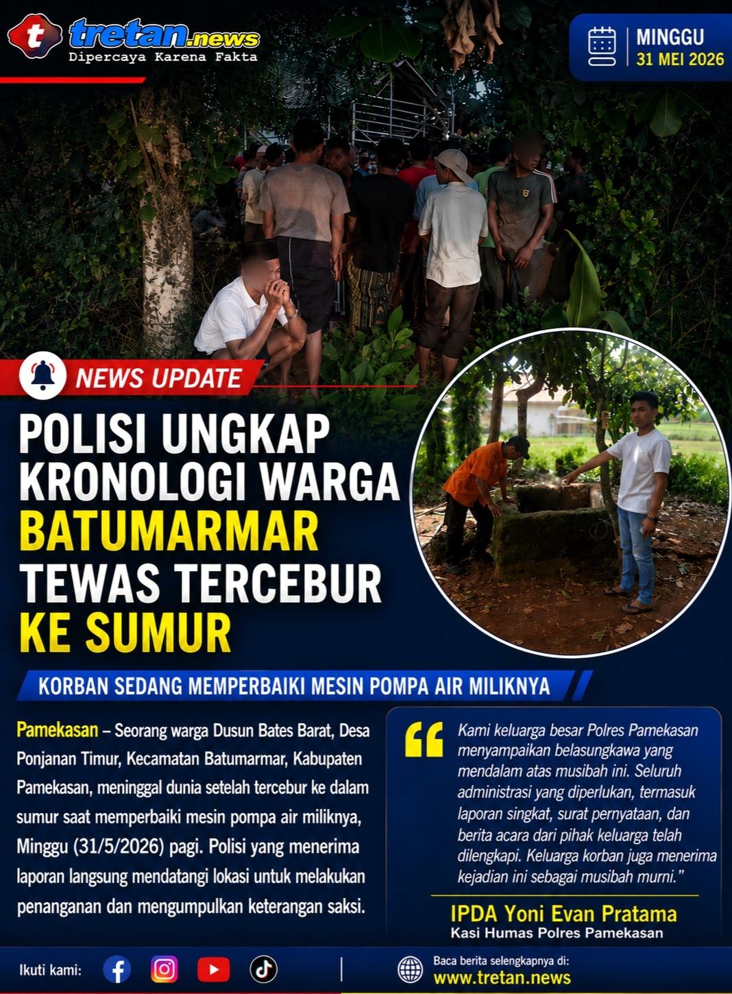 Petugas kepolisian melakukan olah TKP di lokasi warga Batumarmar Pamekasan yang meninggal dunia setelah tercebur ke dalam sumur.