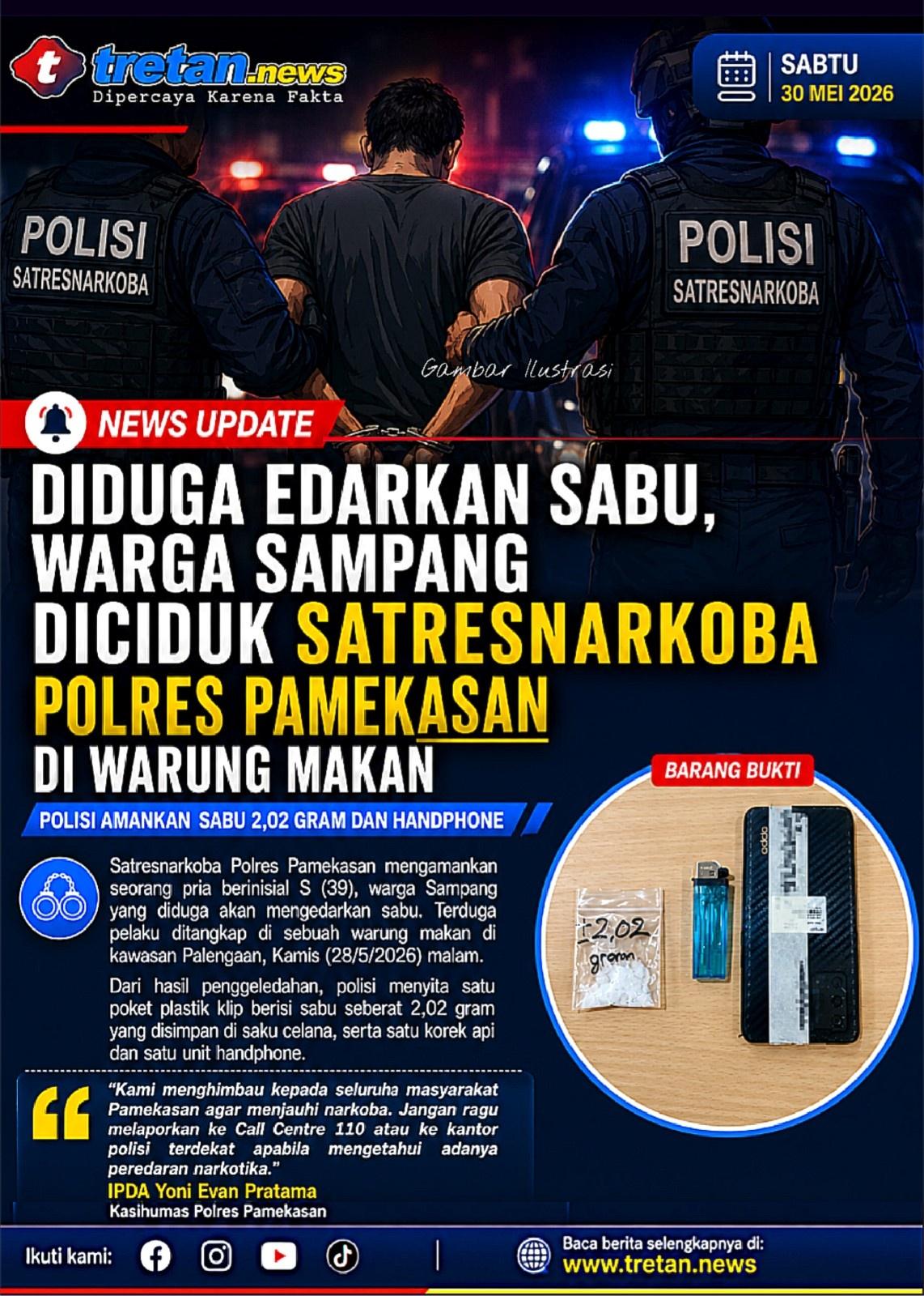 Ilustrasi penangkapan warga Sampang oleh Satresnarkoba Polres Pamekasan terkait dugaan peredaran sabu dengan barang bukti sabu, korek api, dan handphone.