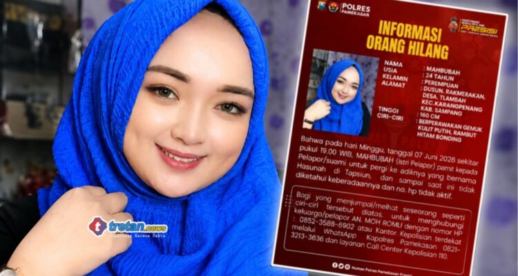 Poster Mahbubah, perempuan berusia 24 tahun yang dilaporkan hilang sejak 7 Juni 2026 dan sedang dalam pencarian Polres Pamekasan.