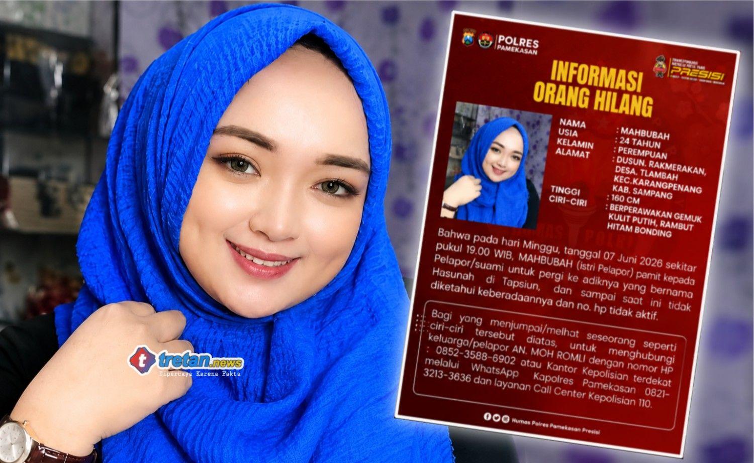 Poster Mahbubah, perempuan berusia 24 tahun yang dilaporkan hilang sejak 7 Juni 2026 dan sedang dalam pencarian Polres Pamekasan.