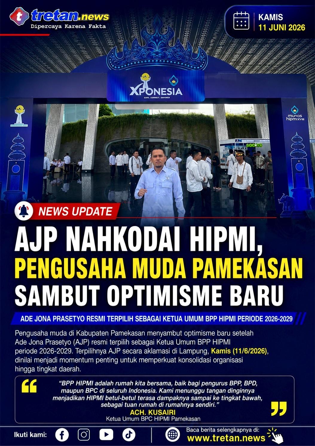 Ade Jona Prasetyo resmi terpilih sebagai Ketua Umum BPP HIPMI periode 2026-2029.
