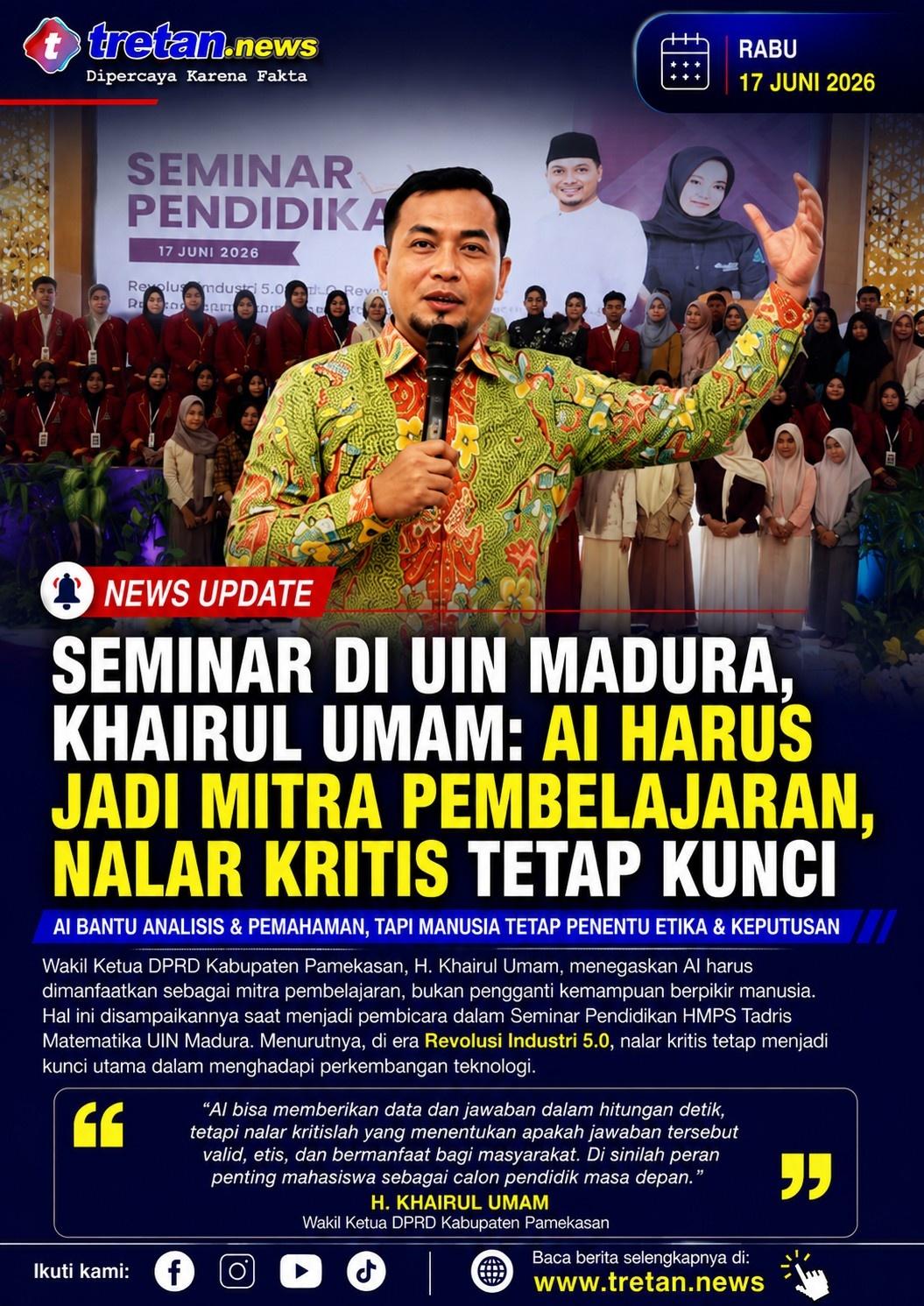 Khairul Umam menjadi pembicara Seminar Pendidikan di UIN Madura tentang AI dan nalar kritis, disertai momen penerimaan sertifikat penghargaan.