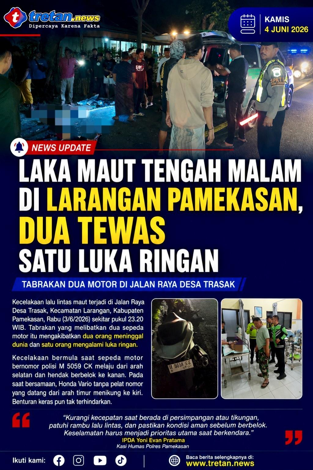Lokasi kecelakaan maut di Desa Trasak, Larangan, Pamekasan yang menewaskan dua orang.