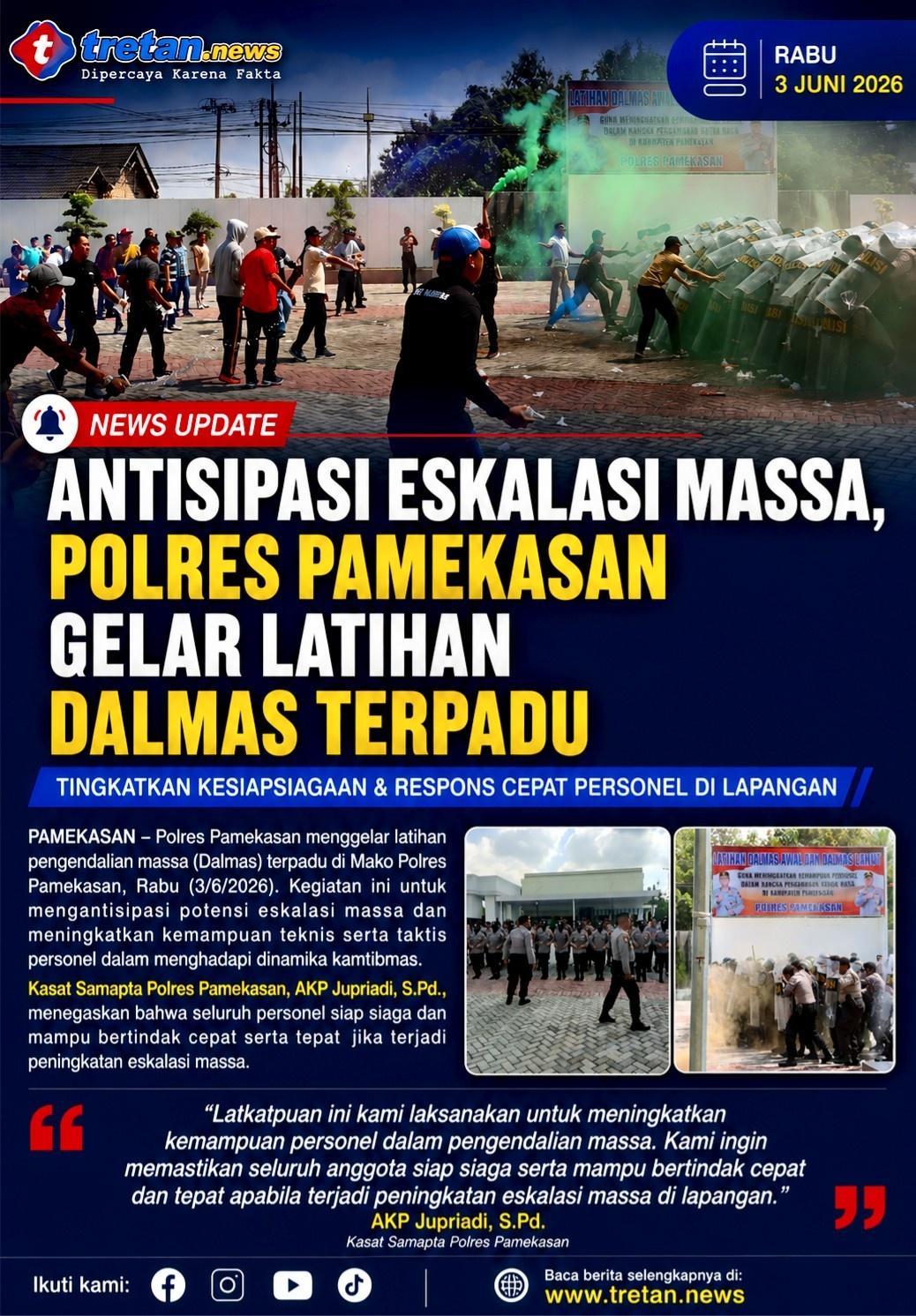 Personel Polres Pamekasan mengikuti latihan Dalmas terpadu untuk meningkatkan kesiapsiagaan kamtibmas di Mako Polres Pamekasan.