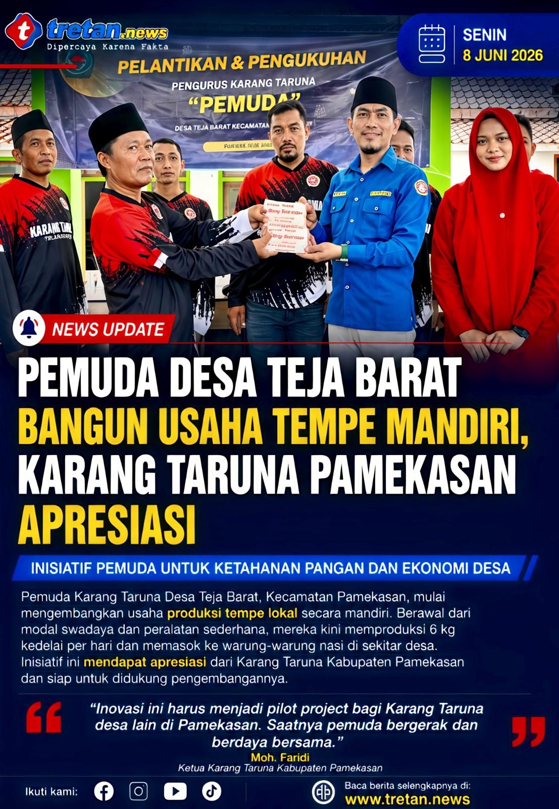 Pemuda Karang Taruna Desa Teja Barat memproduksi tempe lokal mandiri di Pamekasan.
