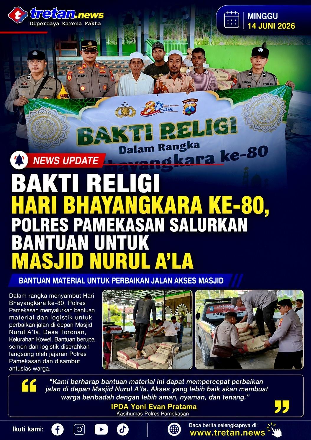Bakti Religi Hari Bhayangkara ke-80 Polres Pamekasan salurkan bantuan untuk Masjid Nurul A'la.