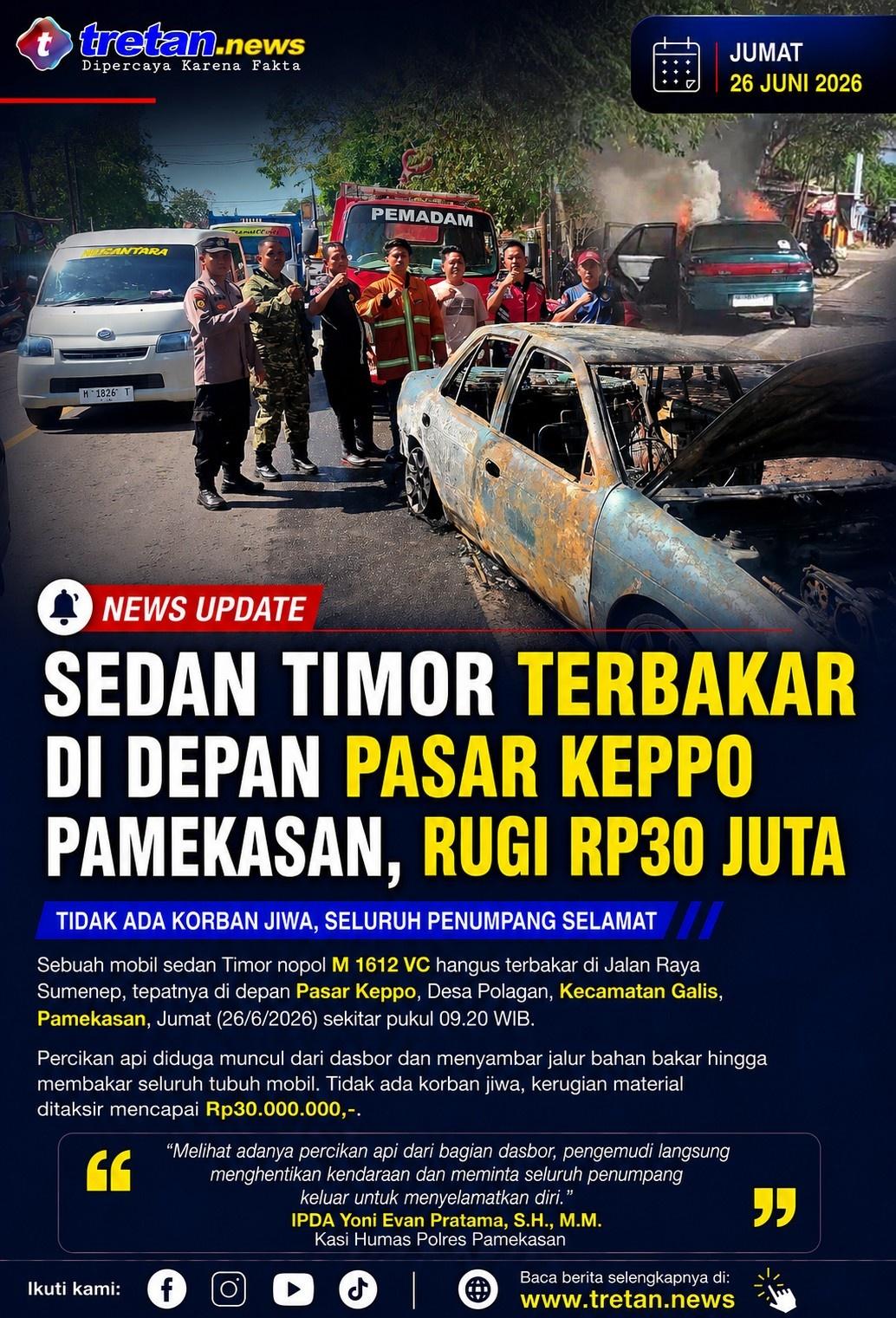 Mobil sedan Timor hangus terbakar di depan Pasar Keppo Pamekasan.