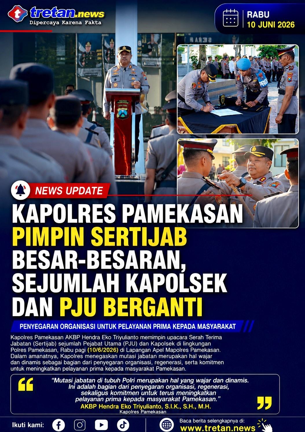 Kapolres Pamekasan memimpin upacara sertijab pejabat utama dan Kapolsek di Mapolres Pamekasan.