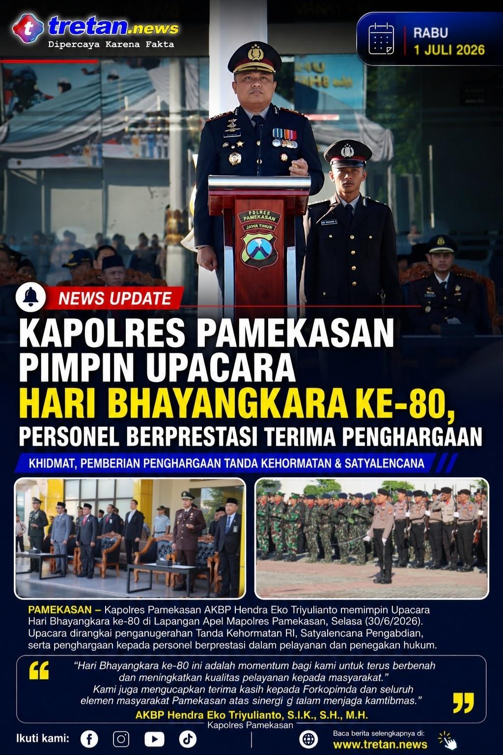 Kapolres Pamekasan memimpin Upacara Hari Bhayangkara ke-80 di Mapolres