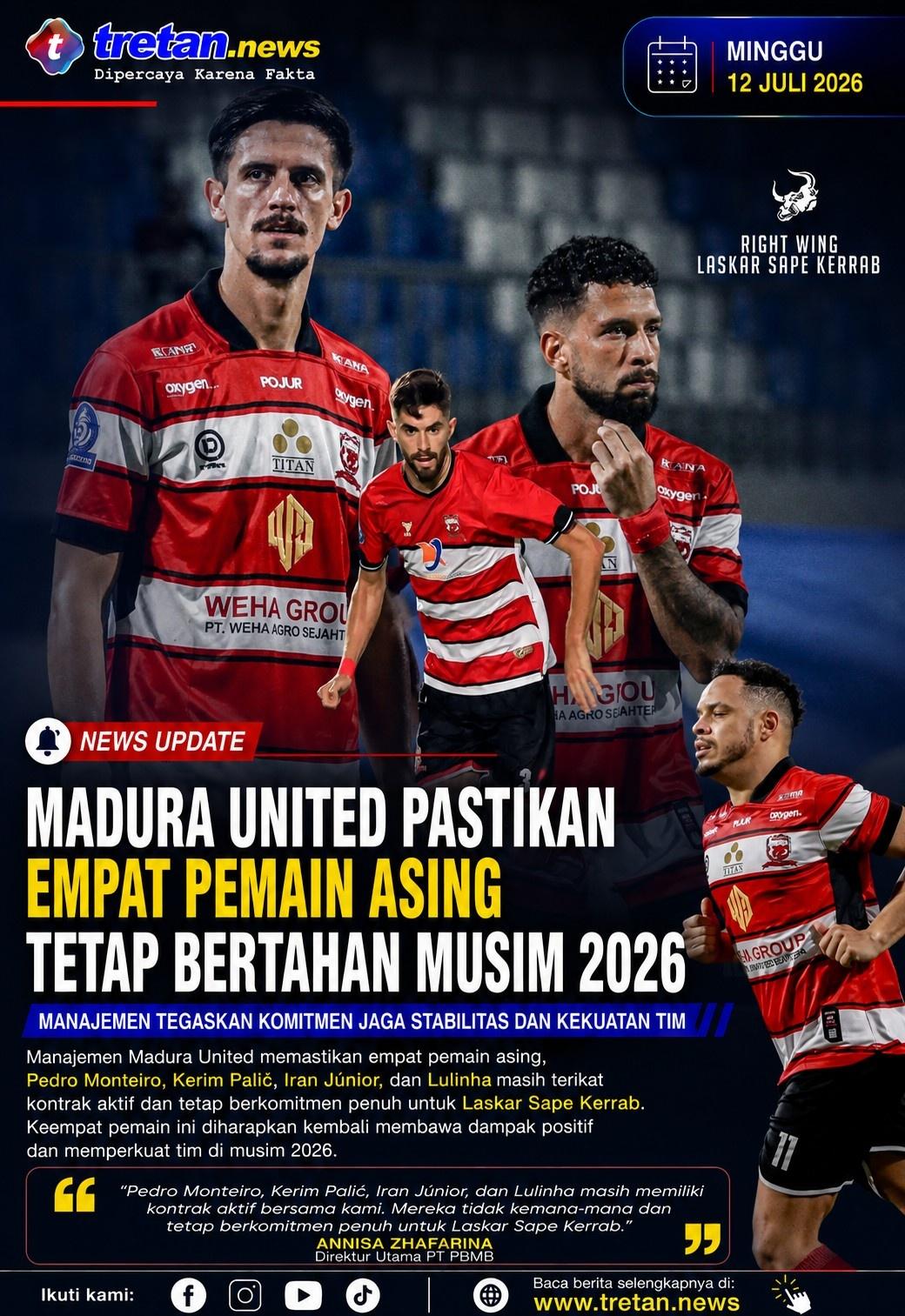 Empat pemain asing Madura United dipastikan tetap bertahan musim 2026