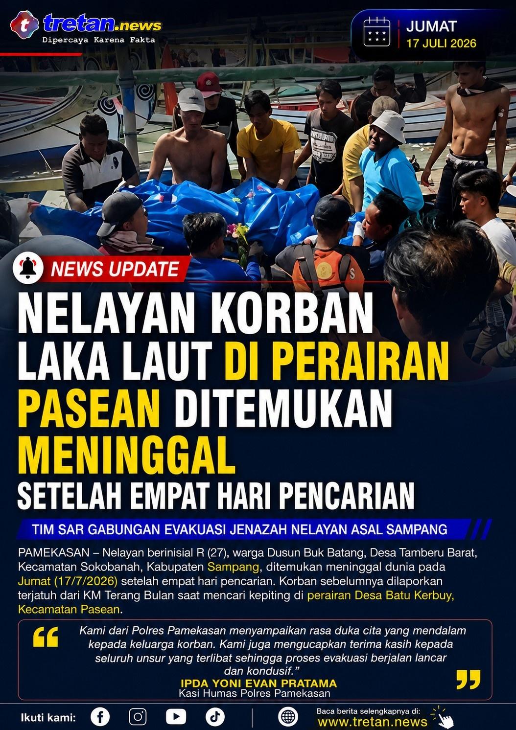 Tim SAR Gabungan mengevakuasi jenazah nelayan korban laka laut di perairan Pasean