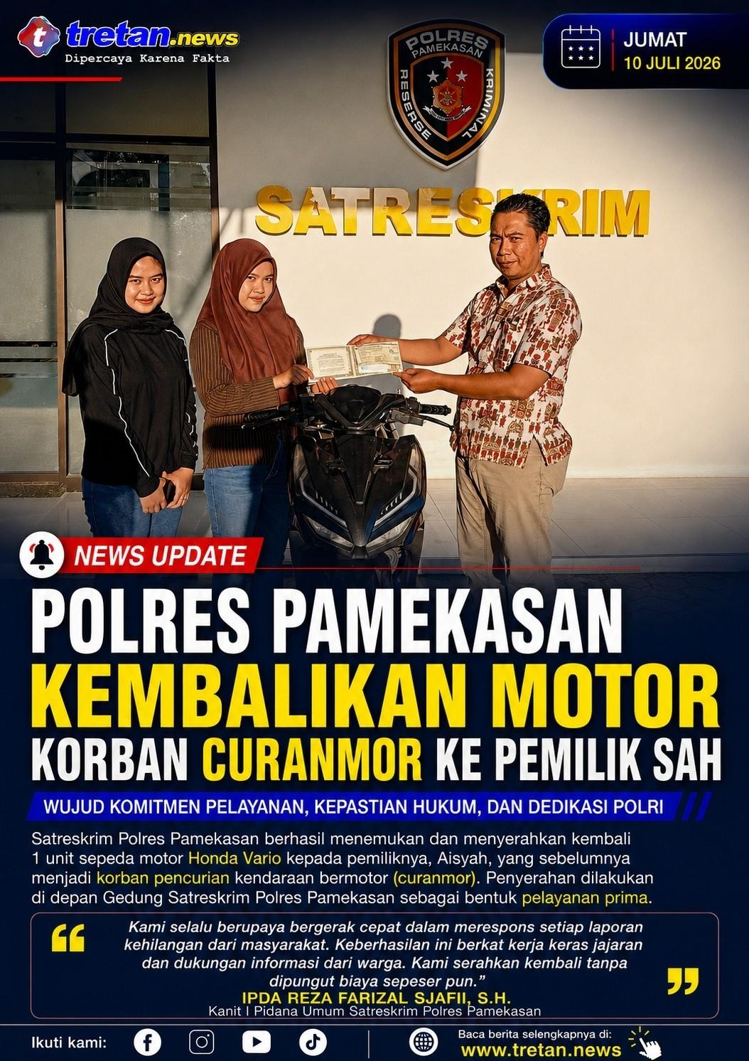 Satreskrim Polres Pamekasan menyerahkan motor korban curanmor kepada pemilik