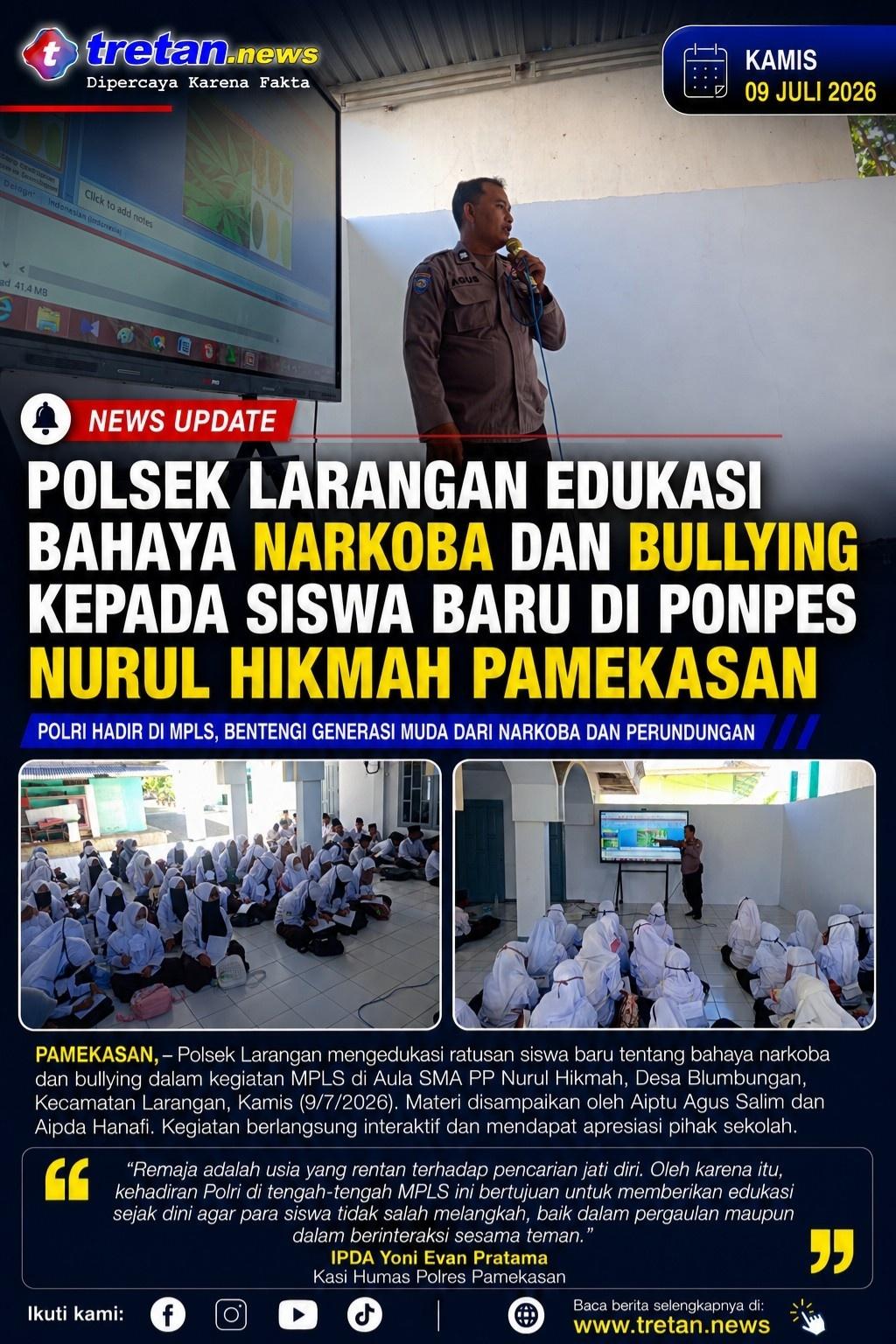 Polsek Larangan sosialisasi bahaya narkoba dan bullying kepada siswa baru