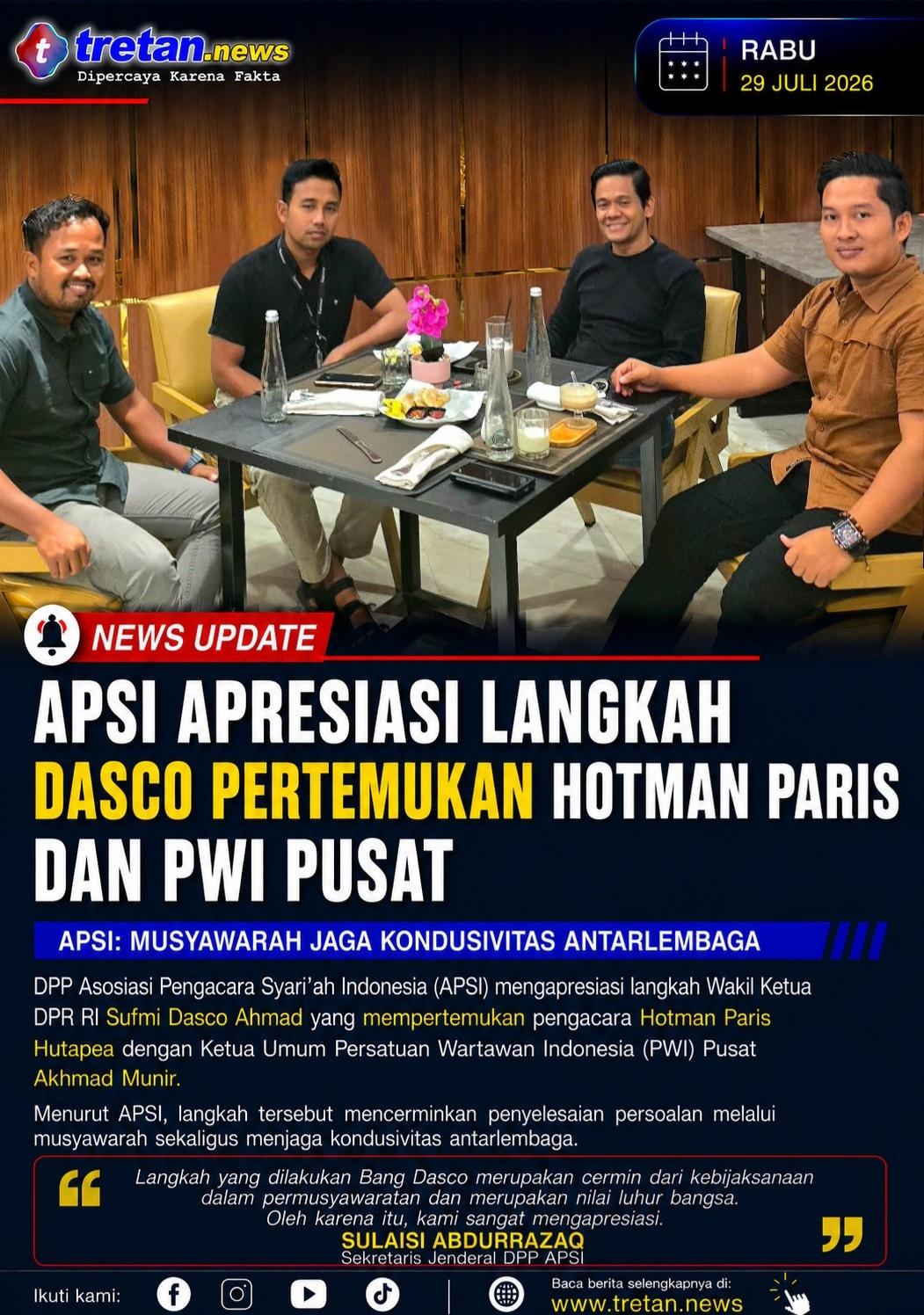 Sufmi Dasco Ahmad mempertemukan Hotman Paris dan PWI Pusat, APSI mengapresiasi langkah tersebut