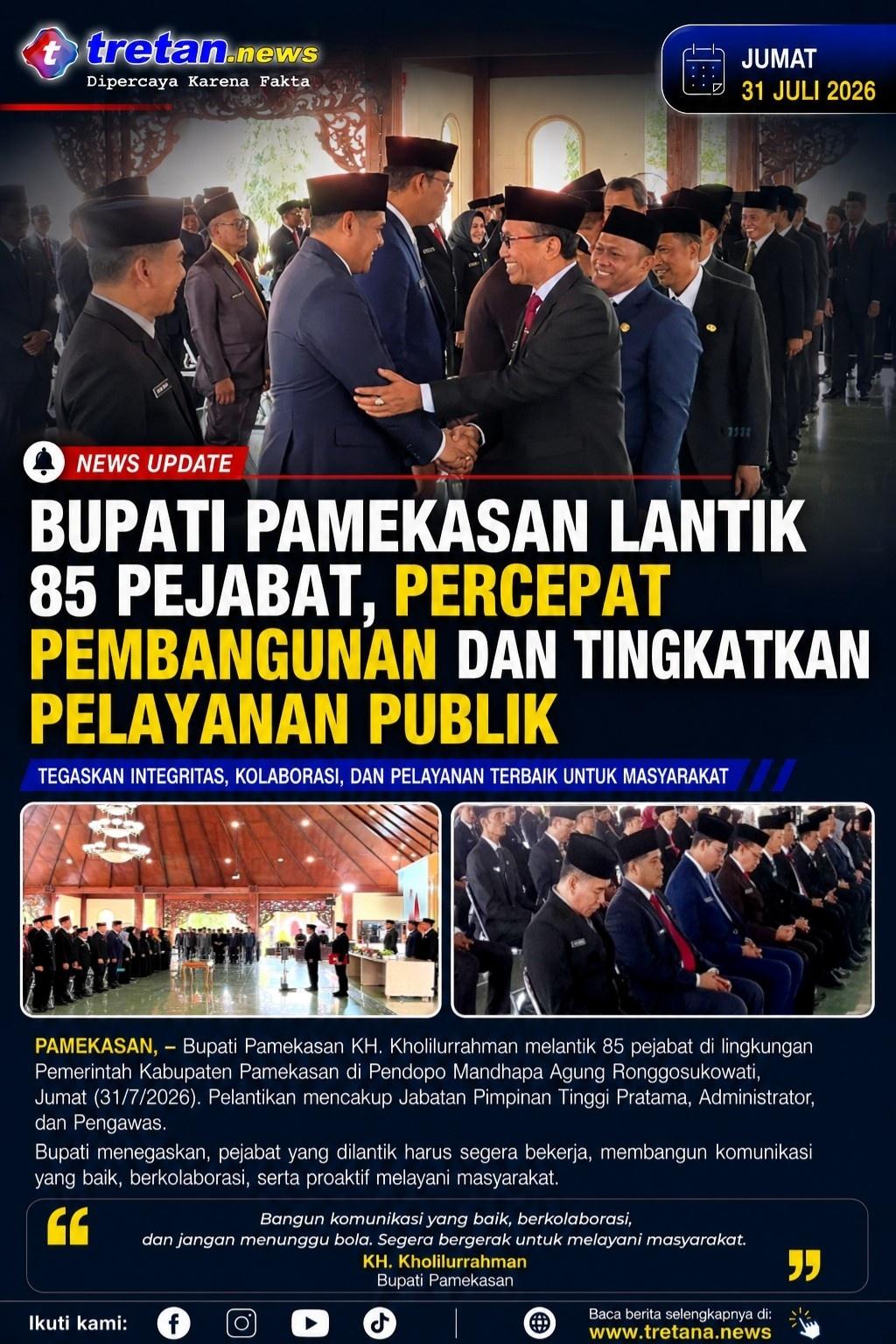 Bupati Pamekasan melantik 85 pejabat di Pendopo Ronggosukowati