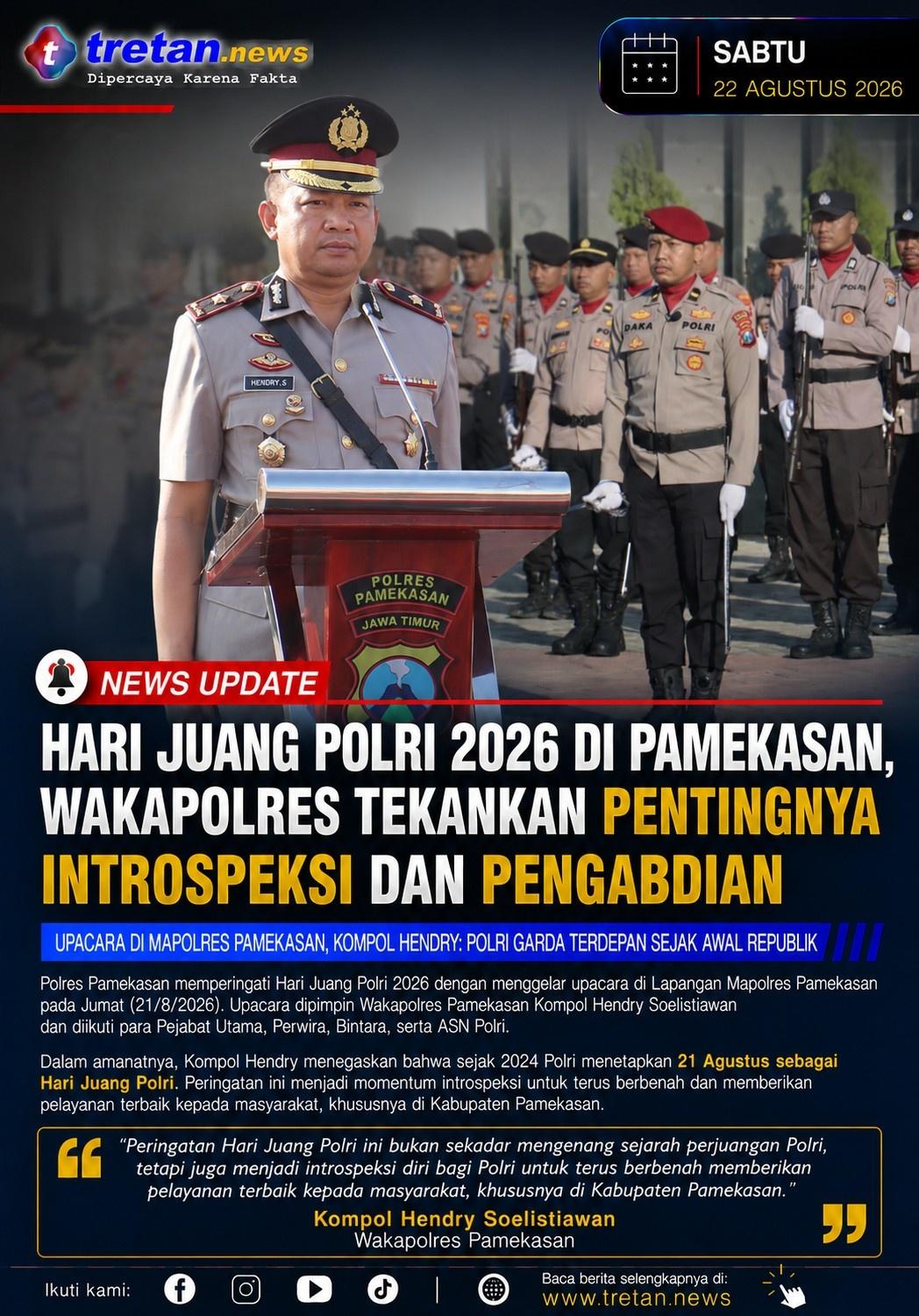 Wakapolres Pamekasan memimpin upacara Hari Juang Polri 2026