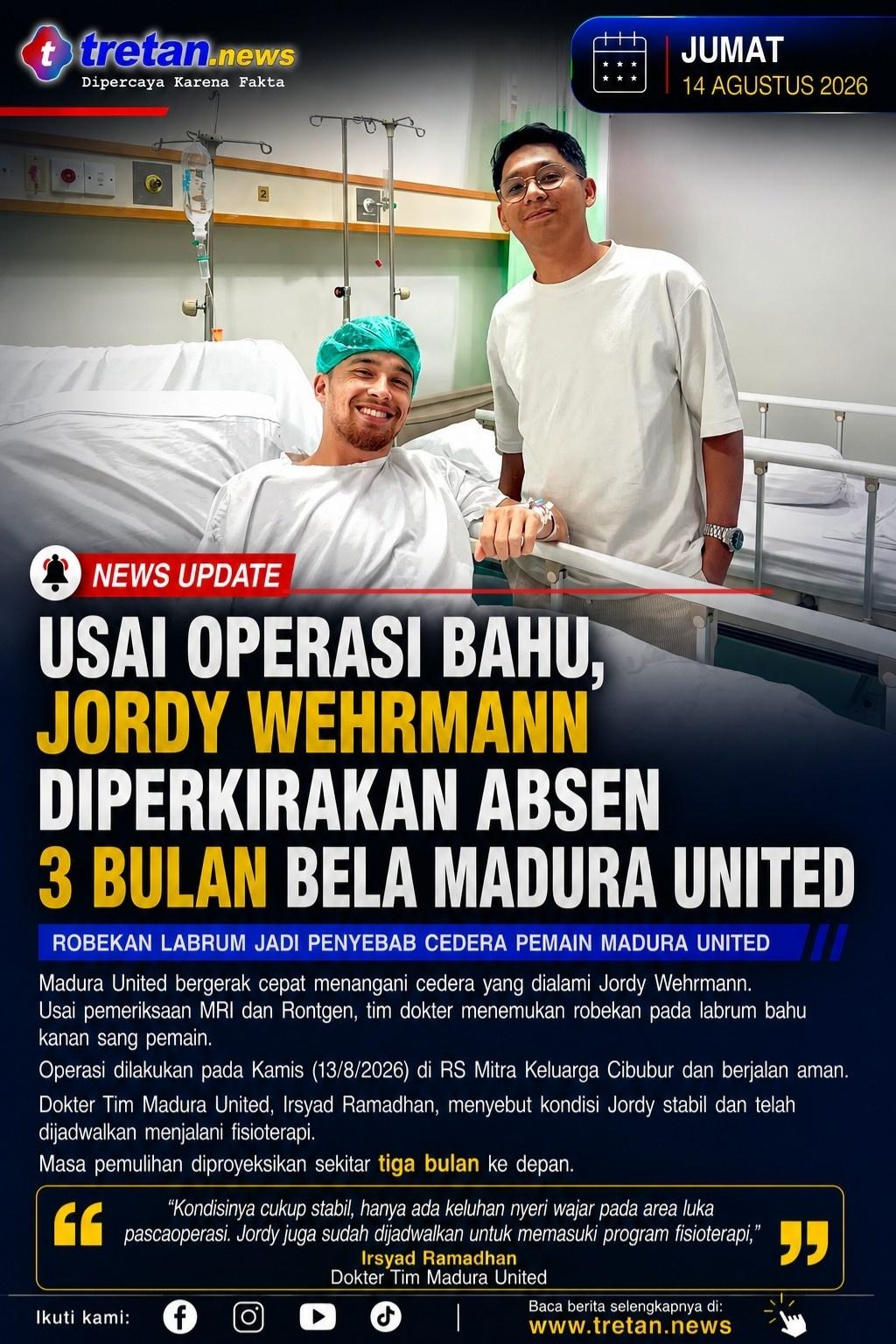 Jordy Wehrmann jalani operasi bahu dan diperkirakan absen tiga bulan