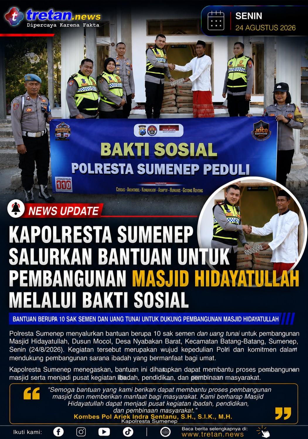 Kapolresta Sumenep menyerahkan bantuan pembangunan Masjid Hidayatullah