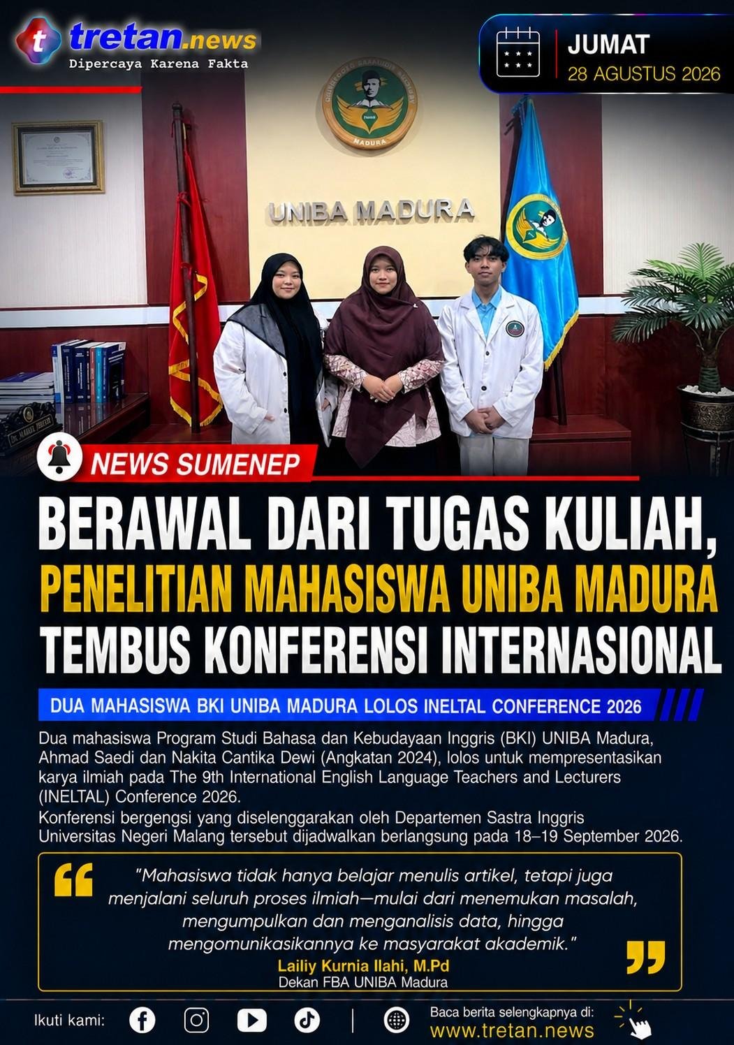 Mahasiswa UNIBA Madura lolos INELTAL Conference 2026 bidang bahasa Inggris