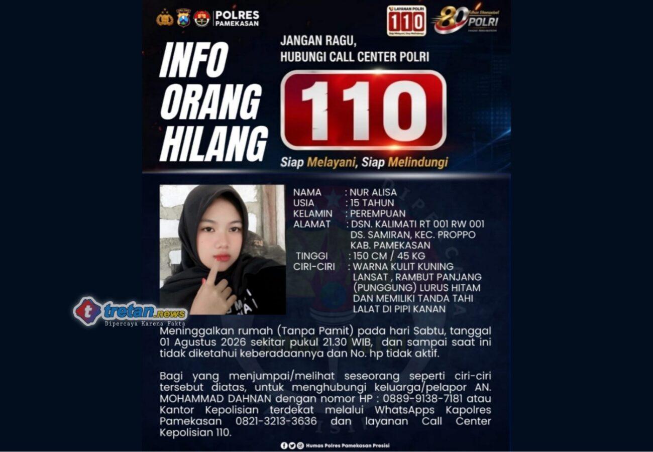 Anak hilang di Pamekasan, Polres Pamekasan mengajak masyarakat membantu pencarian Nur Alisa (15) melalui pamflet resmi dan Call Center Polri 110