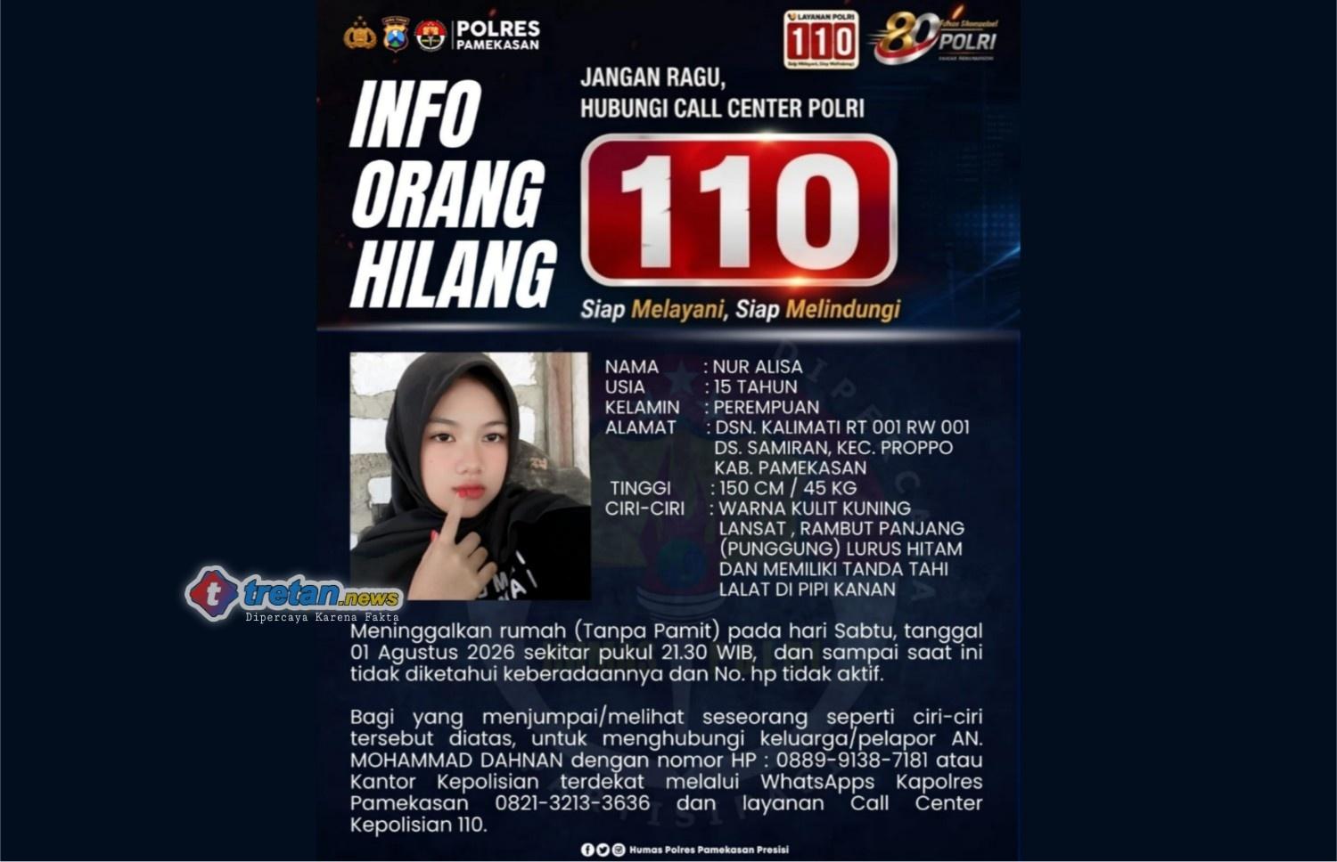 Anak hilang di Pamekasan, Polres Pamekasan mengajak masyarakat membantu pencarian Nur Alisa (15) melalui pamflet resmi dan Call Center Polri 110