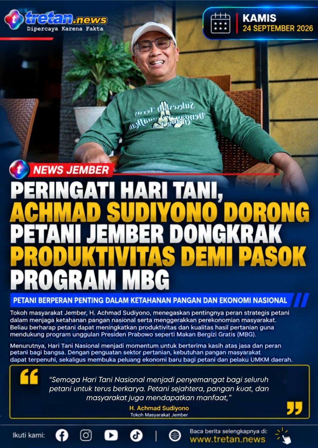 Tokoh masyarakat Jember Achmad Sudiyono memberikan pandangan ketahanan pangan