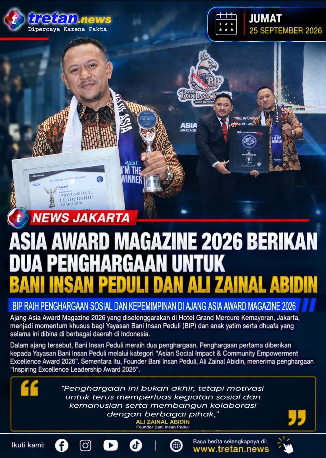 Ali Zainal Abidin menerima penghargaan Asia Award Magazine 2026