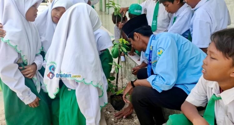Mahasiswa KKN Annuqayah Posko 43 menanam pohon bersama siswa MIS Annibros I