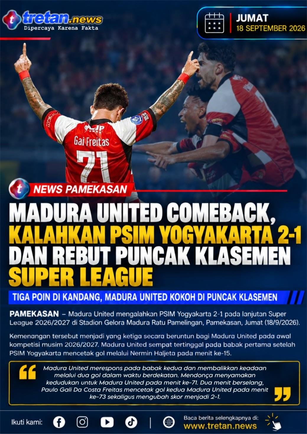 Madura United merayakan kemenangan atas PSIM Yogyakarta di Super League
