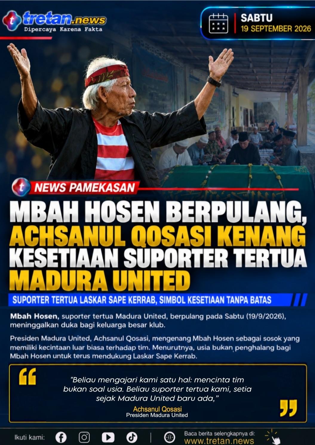 Mbah Hosen suporter tertua Madura United di tribun stadion