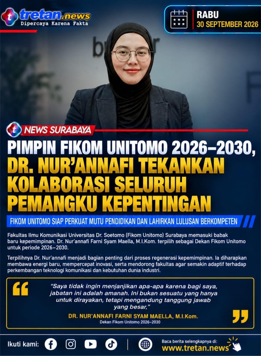 Dr. Nur’annafi Farni Syam Maella Dekan Fikom Unitomo 2026–2030