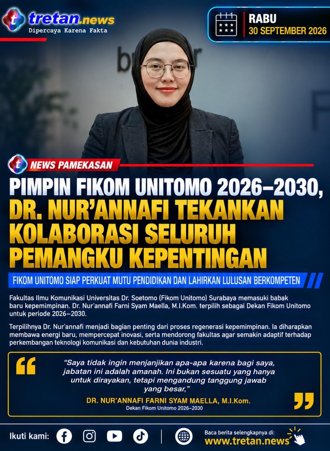 Dr. Nur’annafi Farni Syam Maella Dekan Fikom Unitomo 2026–2030